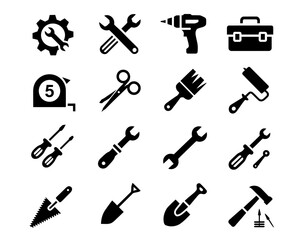 Obraz premium Collection of black and white icons representing various tools and repair equipment