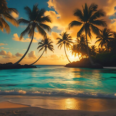 Tropical Sunset Scene with Palm Trees and a Beautiful Beach