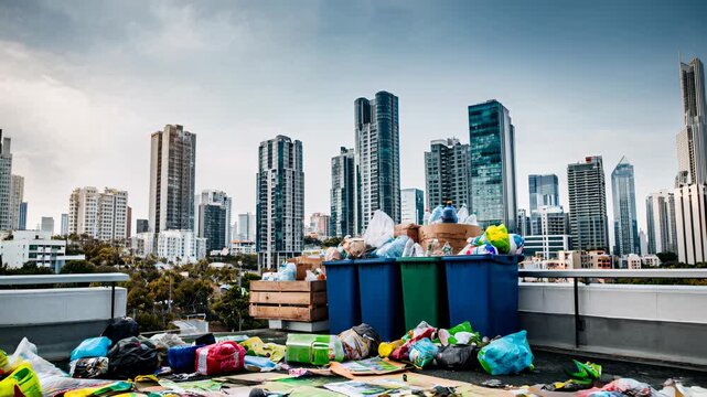 Time-lapse of overflowing garbage bins in a cityscape, skyscrapers in the background, highlighting urban waste, pollution, and environmental challenges in metropolitan areas.