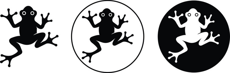 Frog icons set in flat styles. Amphibian animal collection and wildlife group. Cute frog silhouette, cartoon frog face, nature symbol, biology, zoology, and green frog vector illustrations.