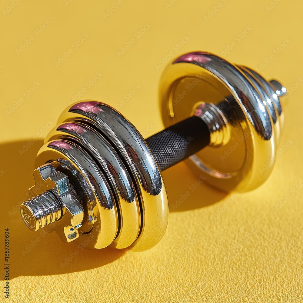 Poster close up view of a chrome dumbbell on a yellow background. the dumbbell is positioned at a slight an
