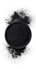 A black circular plate, surrounded by a burst of dark glitter, on a black background