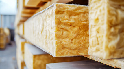 Constructing mineral wool thermal insulation for exterior walls. Mineral wool is used for heat insulation in exterior passive house walls. insulation for a business building's facade