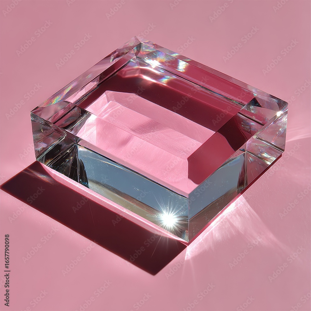 Poster clear glass block casting a shadow on a pink background. light refracts through the glass, creating 