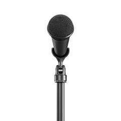 Obraz premium Close-up of a black microphone on a stand. Dark gray/black finish. The microphone's diaphragm is visible. A stand supports the mic, with adjustable features