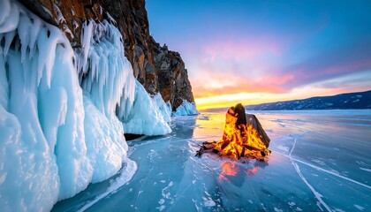 Frozen lake with icicles and a campfire at sunset.