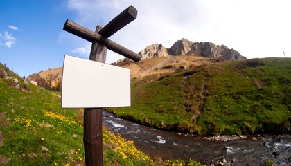 Blank signpost in a mountain meadow.