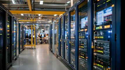 Massive data center filled with rows of servers, glowing lights, and advanced technology, showcasing high-performance computing, storage, and digital infrastructure. - Powered by Adobe