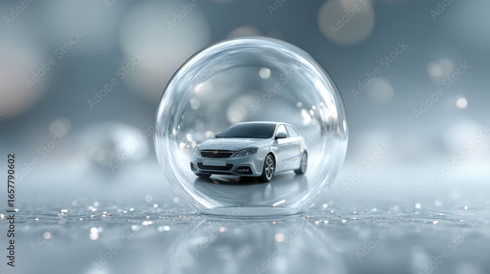 Poster a sleek car encapsulated in a transparent bubble, set against a blurred background with soft light r