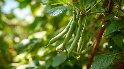 Obraz premium Fresh green beans growing on the vine bathed in sunlight for healthy eating and recipes