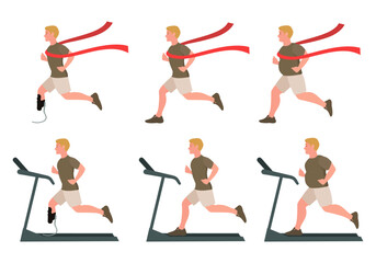 Obraz premium Man runner. Running man. Overweight man. Man with a prosthetic leg. Running on a treadmill. Flat style.