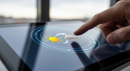 Checking Weather Forecast on Digital Tablet with Touchscreen: Modern Tech and Lifestyle