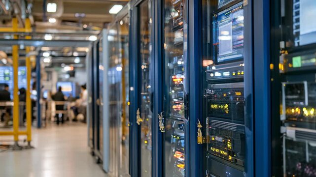 Big data center filled with rows of servers, glowing lights, and advanced technology, showcasing high-performance computing, storage, and digital infrastructure.