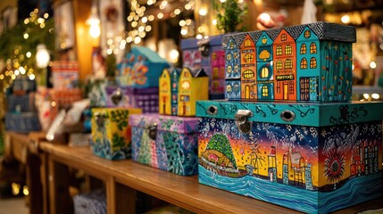 Colorful painted boxes, stacked on shelves. Festive, handcrafted