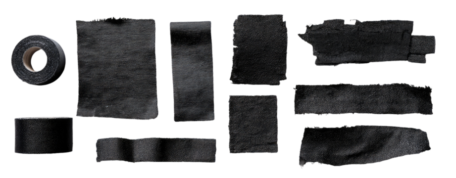 Dark, textured rectangular and rolled strips