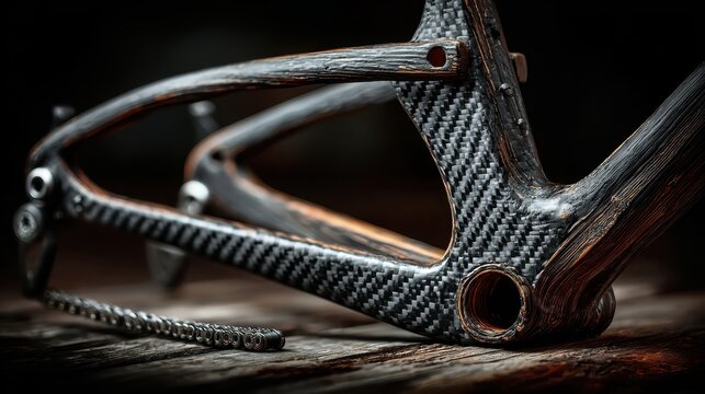 Close up of a carbon fiber bicycle frame with orange accents, resting on a dark wooden surface. Detailed texture and craftsmanship are visible.