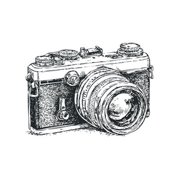 Sketch of an old-fashioned manual film camera with intricate dials and a large lens