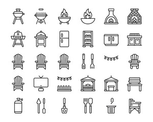 Outdoor living and grilling icons set