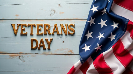 Veterans day message with an american flag draped over a wooden surface, featuring golden letters spelling out veterans day, symbolizing respect, gratitude, and honor for military service