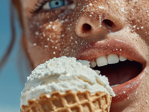 Cheerful Girl Closeup Holding Ice Cream Cone Enjoyment Summer Happy Portrait Delicious Treat Smiling Blue Eyes Nature Sunshine Refreshing Dessert Waffle Fun Vacation Youthful Tempting Indulgence