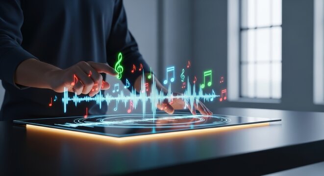 Interactive Music Creation: Person manipulating holographic sound waves and musical notes on a futuristic display for digital music production and innovation.