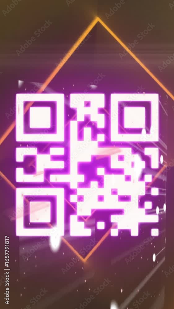 Poster neon pink qr code scanner against multiple screens with plexus networks on orange background