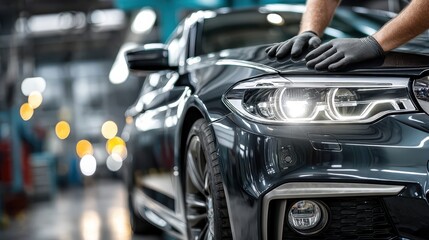 Fototapeta premium A close-up of a black car being polished in a workshop, showcasing its shiny headlight and sleek design.