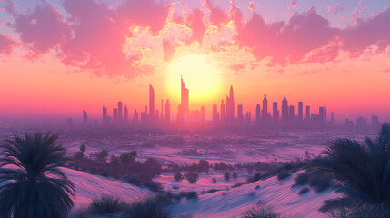 Dubai skyline in desert at sunset