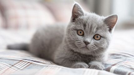 Cute gray kitten lying on plaid bedspread, looking curiously at camera in soft natural light, creating a warm and cozy indoor pet portrait.