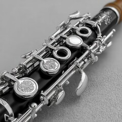 Obraz premium Close up of a clarinet's keys and mechanism, showcasing intricate silver plated details against a black body and a neutral gray background.