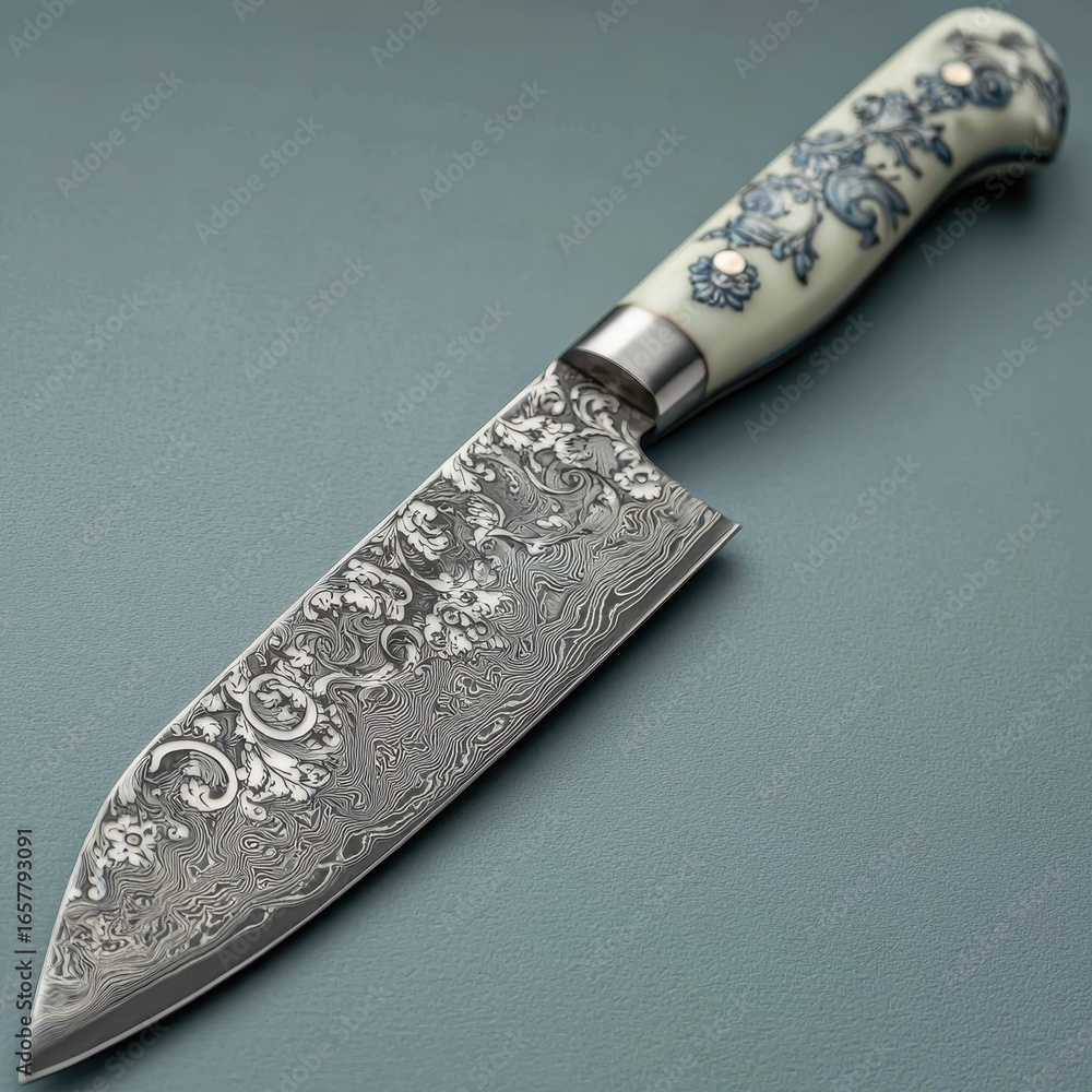 Poster close up view of a chef's knife with a textured, dark gray blade and an off white handle featuring a