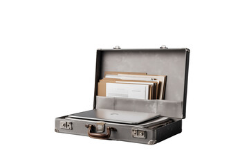 Open vintage business briefcase filled with folders, documents, and a closed laptop for office or corporate work concept PNG with a transparent background