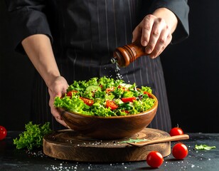 Chef seasoning a vegetable salad