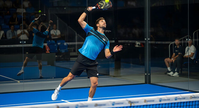 Paddle tennis player executes a powerful overhead smash during an indoor match.