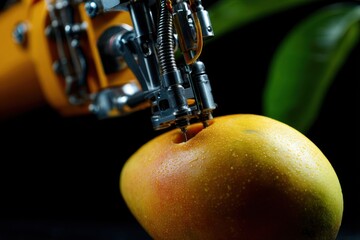 Robotic arm precisely injecting a ripe mango for scientific analysis and research
