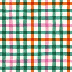Seamless gingham plaid check pattern in multiple color variations including red, green, orange, pink, and yellow. A classic woven fabric style that brings a timeless and cheerful look to textiles, fas