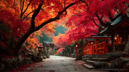 Gardinen Fallen Autumn japan temple red leaves landscape peaceful scenic travel destination photography wallpaper background  © umer