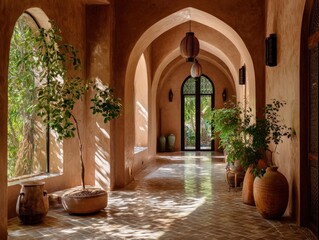 A long hallway with a plant in the middle and a few vases on the floor. The vases are brown and the plant is green