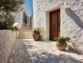 Naklejka premium A white house with a stone wall and a stone walkway. There are two vases on the walkway, one on the left and one on the right