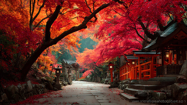 Autumn japan temple red leaves landscape peaceful scenic travel destination photography wallpaper background