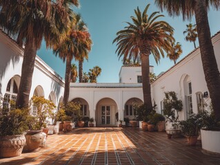 Obraz premium A white house with a courtyard in the middle. There are many palm trees in the courtyard. The courtyard is surrounded by white buildings