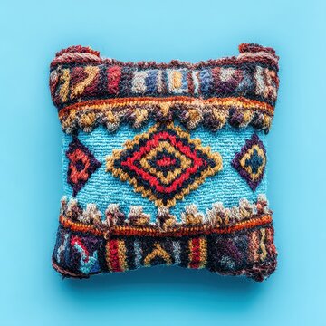Colorful square pillow with intricate ethnic pattern on light blue background