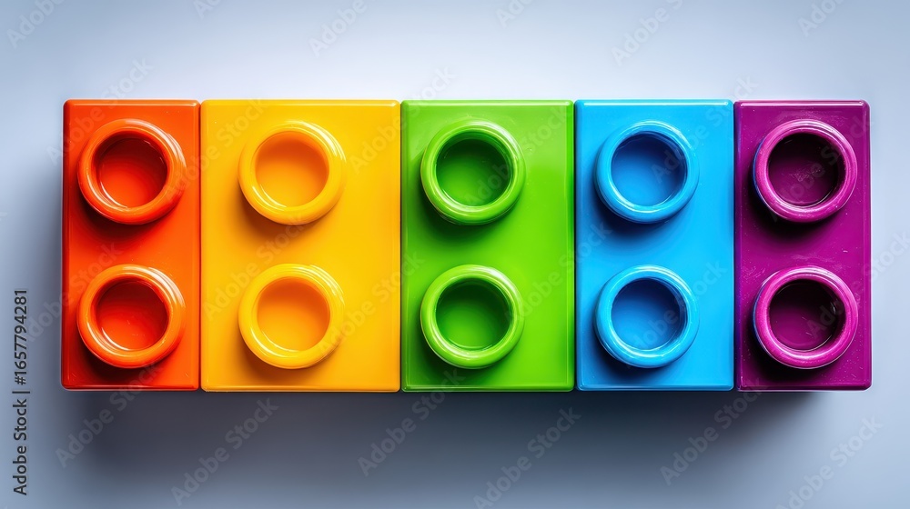 Poster five colorful plastic building blocks arranged in a row against a light gray background. top view.