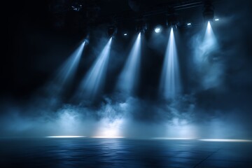 A stage is illuminated by four spotlights, filled with mystical smoke, creating a captivating atmosphere, concept for theatrical performance, concert design and event decoration