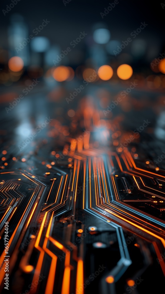 Aufkleber close-up abstract of glowing circuit board patterns with blurred cityscape backdrop. concept for fut