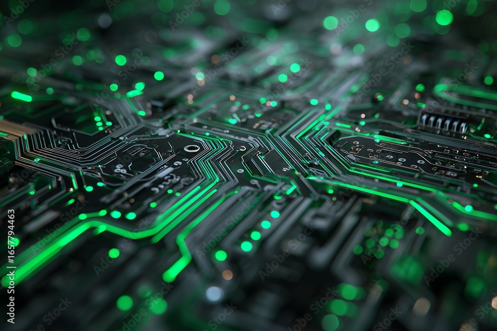 Poster detailed view of a green glowing circuit board with integrated components. concept for future techno