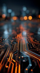 Close-up abstract of glowing circuit board patterns with blurred cityscape backdrop. Concept for futuristic technology, digital communication and innovative infrastructure design