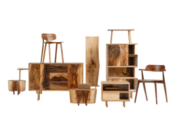 Assorted wooden furniture pieces arranged in a row, showcasing various styles and sizes