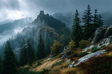 Landscape photography of misty mountains with castle peak and pine trees in a scenic view