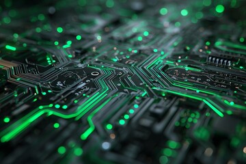 Detailed view of a green glowing circuit board with integrated components. Concept for future technology, data processing and electronic engineering innovation